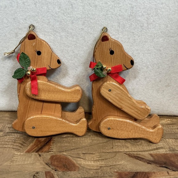 The Unbranded Brand Other - Vintage 2 Teddy Bear Wood Christmas Ornament Moving Arms Legs